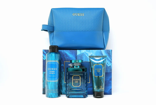GUESS UOMO ACQUA (M) 4PC SET(3.4oz edt sp,6.0oz Deo Spray,3.4oz Shower Gel,Pouch)