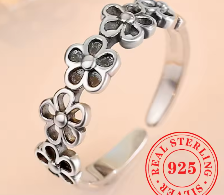 Black Flower Ring 925 Silver