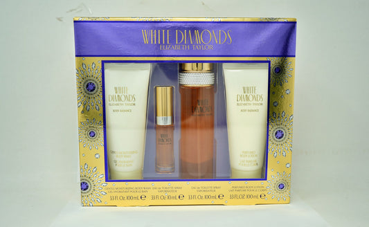ELIZABETH TAYLOR WHITE DIAMONDS (W) 4PC SET(3.3oz edt sp,10ml edt sp, 3.3oz Body Lotion, 3.3oz Body Wash)