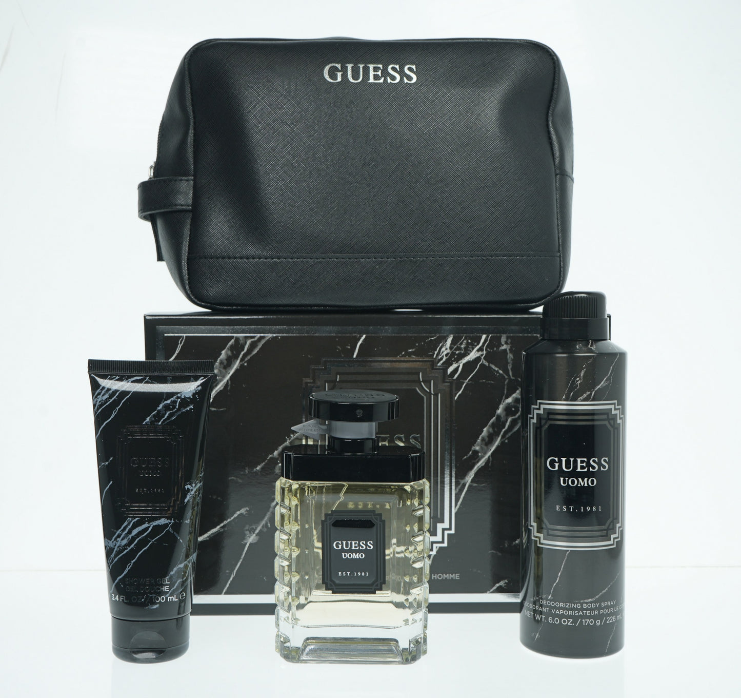 GUESS UOMO (M) 4PC SET(3.4oz edt sp,6.0oz Deo Spray,3.4oz Shower Gel,Pouch)
