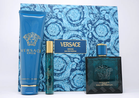 VERSACE EROS(M) 3PC SET(3.4oz edp sp,10ml edp sp, 5.0oz Shower Gel)